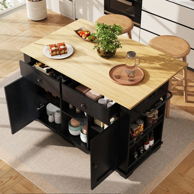 Kücheninsel, Küchenwagen mit Steckdosenleiste ausgestattet, Küchenschrank, Servierwagen mit arbeitsplatte, buffetschrank, Speisewagen mit Holzmaserung, buffetschrank,Schwarz – Bild 3