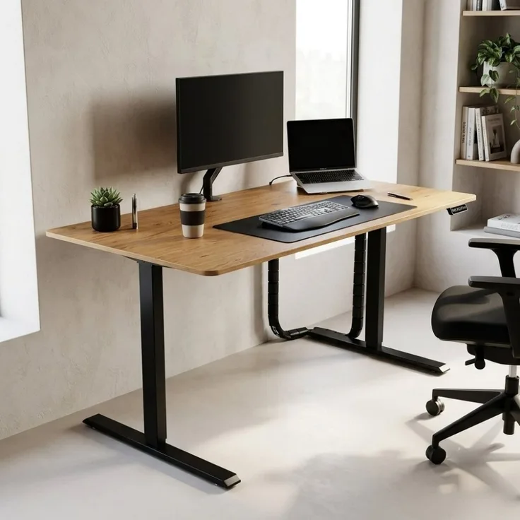 Höhenverstellbarer Schreibtisch KANTOR 140cm elektrisch Eiche Metallgestell