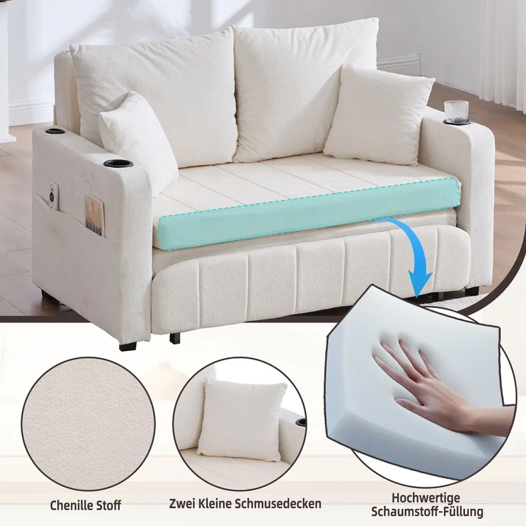 Wohnora-Multifunktionales Stoffsofa, ausziehbares Klappsofa, als Sofa oder Bett nutzbar, mit Aufbewahrungstaschen an den Armlehnen, mit USB-Ladefunktion und Getränkehaltern (beige Chenille),H 83cm x T 139cm x B 73cm – Bild 4