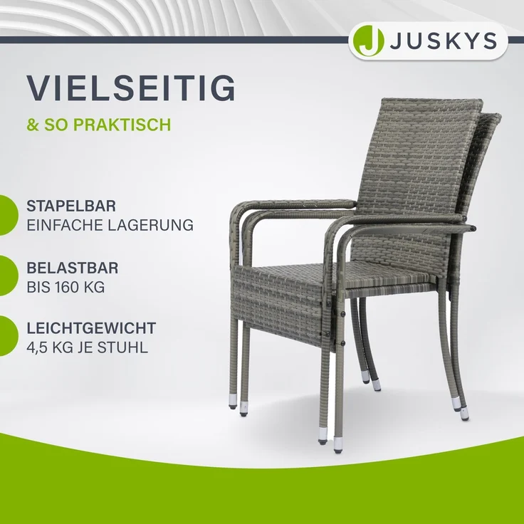 Juskys Polyrattan Gartenstühle Yoro 2er Set - mit Armlehnen & Rückenlehne - 2 Stühle stapelbar - Rattan Stuhl Garten - Stapelstuhl Grau-meliert – Bild 7