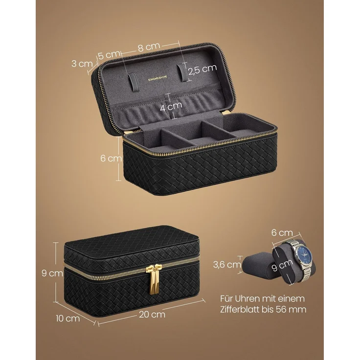 SONGMICS HOME RONNE Kollektion - Uhrenbox unterwegs, Etui für 3 Uhren, PU im Flechtlook, 10 x 20 x 9 cm, Geschenkidee, Bezug in Tintenschwarz, Innenfutter in Schiefergrau JWB017G01 – Bild 5