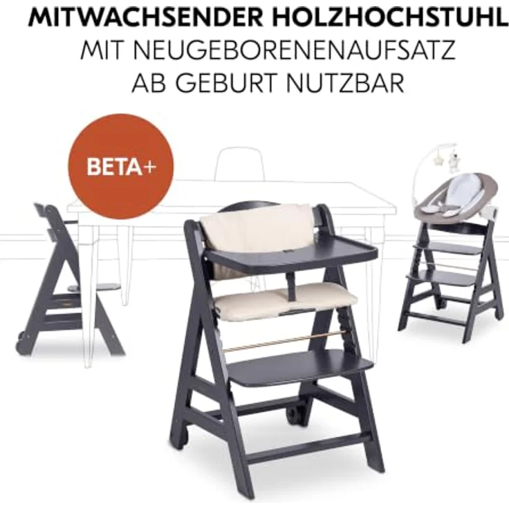 hauck Beta+ Hochstuhl Newborn Set mit Deluxe Bouncer - Dark Grey | Mitwachsender Holz Kinderhochstuhl mit Rollen ab Geburt bis 90 kg | inkl. Neugeborenenaufsatz, Essbrett & Sitzkissen – Bild 3