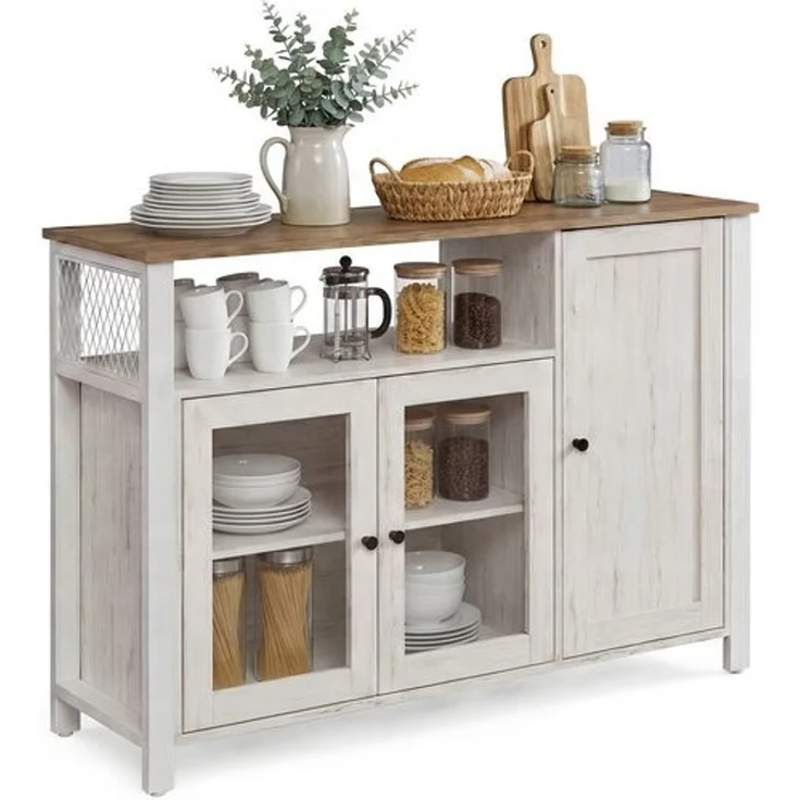 VASAGLE Küchenschrank, 33 x 110 x 75 cm, Aufbewahrungsschrank im Landhausstil, für Esszimmer oder Küche, braun-weiß – Bild 2