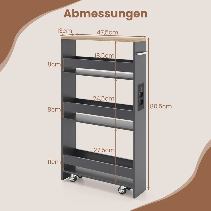13 cm schlanker Aufbewahrungswagen mit Ladestation 4-stufiger rollbarer Küchenwagen mit Griff Grau – Bild 2