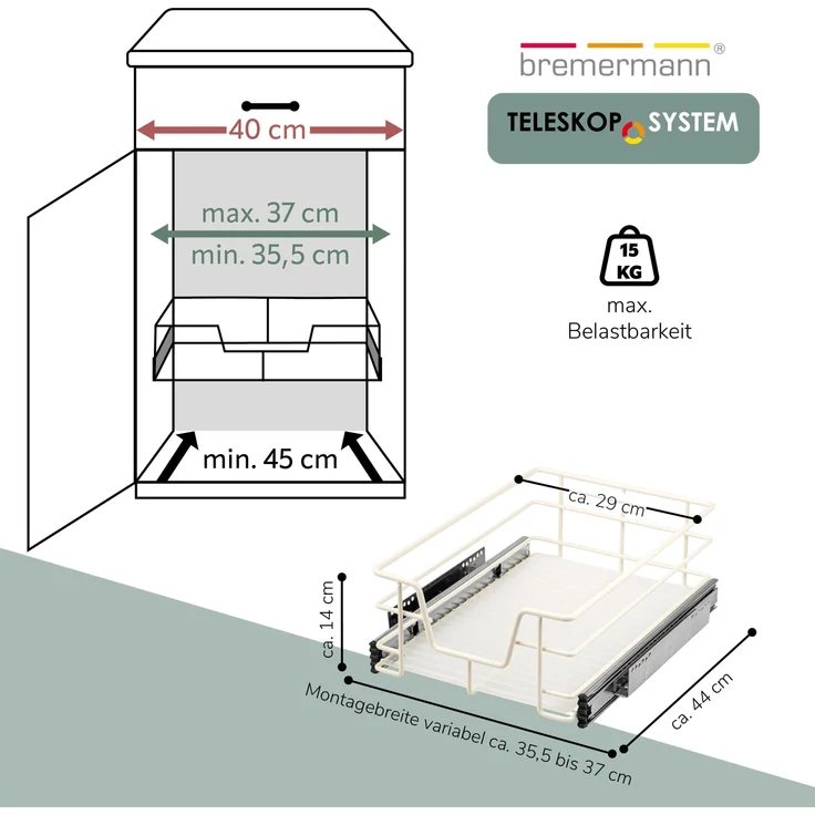 Teleskopschublade für 40 cm Schrank mit Einlegeboden, aus Metall, cremeweiß – Bild 7
