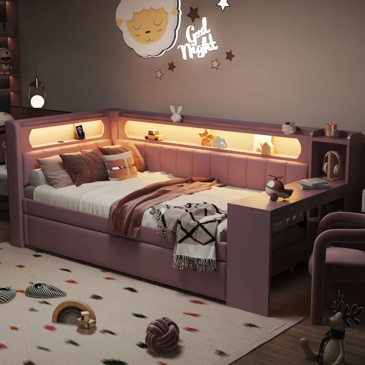 U-life Gepolstertes Tagesbett 90x200 cm mit Ausziehbett, Schreibtisch, USB-Ladestation und LED-Beleuchtung, Rosa – Bild 1