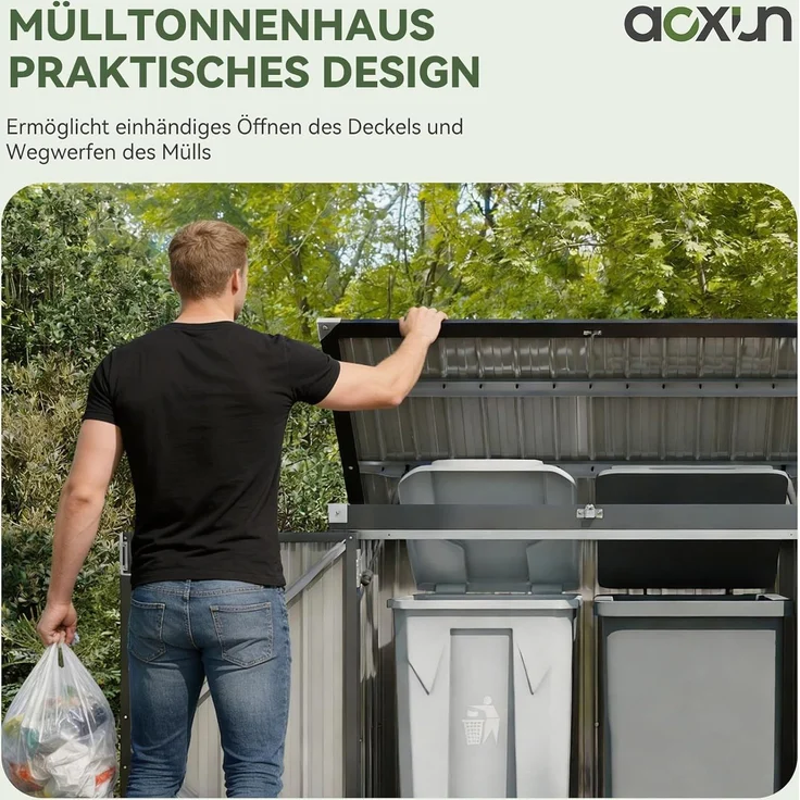 Aoxun 150x117x80cm Metall Gerätehaus, Mülltonnenbox für 2 Tonnen, Wetterfester Gartenschrank mit Kettenzug-Deckel & Gasdruckfeder, zu öffnende Front- & Top-Türen, Schwarz – Bild 3