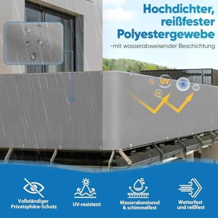 Sekey Balkon Sichtschutz Balkonabdeckung Balkonverkleidung blickdichte Wind- und UV-Schutz, 100% Privatsphäre, mit Ösen, Nylon Kabelbinder und Kordel, Hellgrau 0. 9×3m – Bild 4