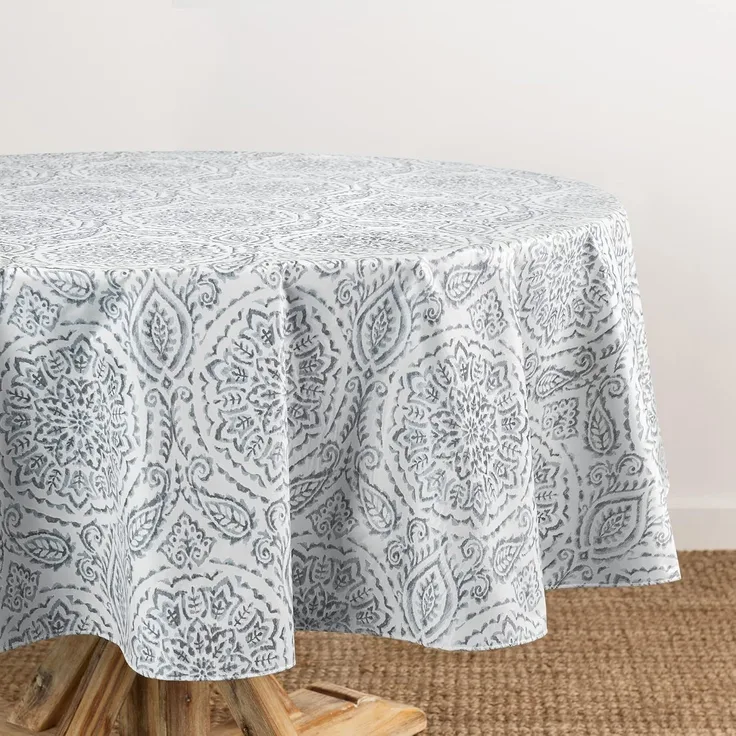 Elrene Home Fashions Savannah Boho Paisley Wasser- und Fleckenabweisende Vinyl-Tischdecke für drinnen und draußen, mit Flanell-Rückseite, 152,4 x 213,4 cm, oval, Grau