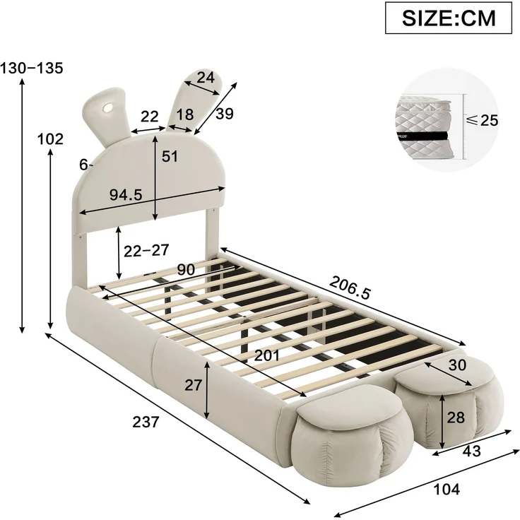 Polsterbett 90×200 mit Hasenohren & dimmbarem LED-Licht, Samtbezug Beige, inkl. Aufbewahrungshockern Einzelbett – Bild 9