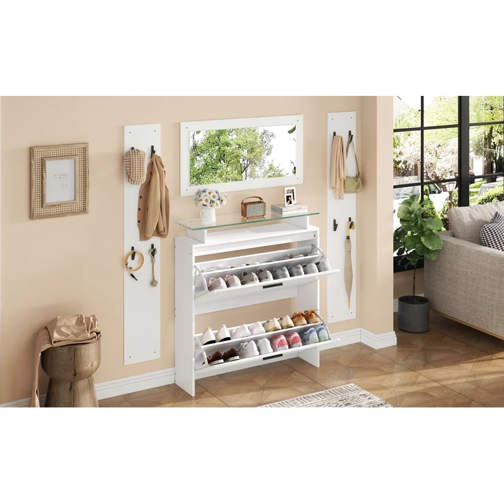 89.5*23*96.5cm Garderoben-Set 4-teilig mit Spiegel,2 Hutablage und Hochglanz Schuhschrank. Flur Garderobenständer Kleiderständer Set,Flurgarderoben Set,Kompaktgarderobe mit 8 Kleiderhaken,Weiß--Weiß--89.5x23x96.5cm--YOUDENOVA – Bild 8