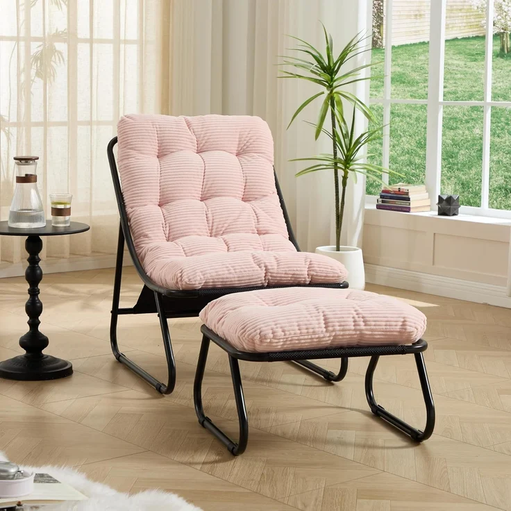 LVHOM Sessel mit Hocker, Gepolsterter Loungesessel aus Cord mit Metallgestell, ergonomischer Relaxsessel für Wohnzimmer und Schlafzimmer, Rosa – Bild 1