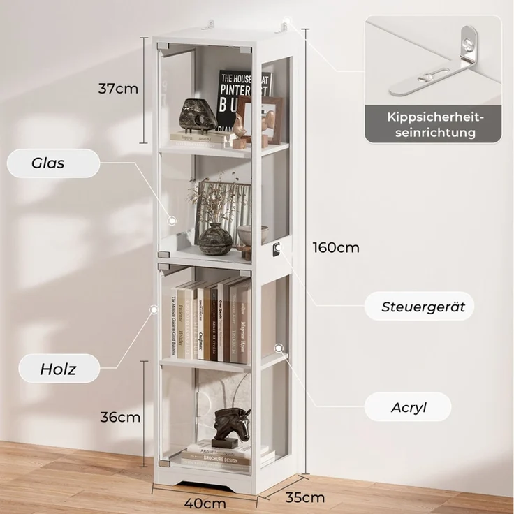 Glasvitrine Ausstellungsschrank 160 cm, 4-stufig mit Glastür, LED-Beleuchtung und Bewegungssensor, Weiß – Bild 4