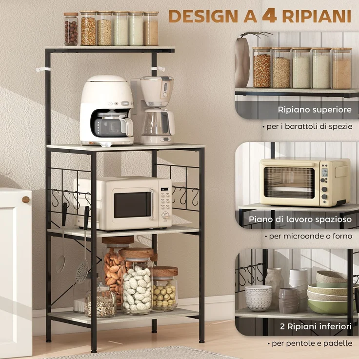 4-stöckiges Küchenregal mit Gitterwänden und 8 Haken im Industrial-Stil, 60 x 42 x 134,5 cm, Eiche – Bild 6