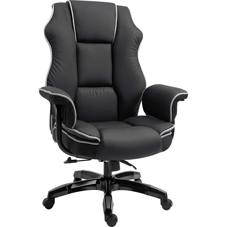 Vinsetto Ergonomischer Bürostuhl mit Armlehnen, Höhenverstellbarer Schreibtischstuhl mit Wippfunktion, Drehstuhl, Kunstleder, Schwarz, 76 x 80 x 118-124 cm