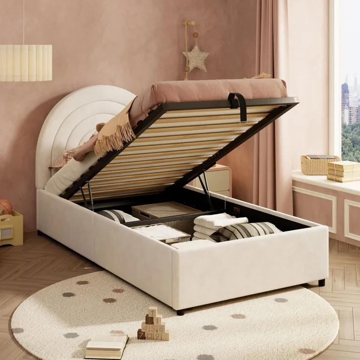 Kinderbett mit Stauraum und Kopfteil, 90x200 cm, Polsterbett mit Lattenrost, Einzelbett, Samt