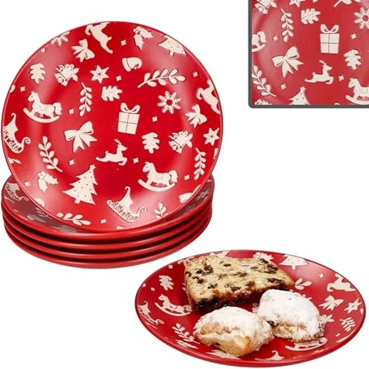 MamboCat Frühstücksteller 6er Set Advent Kuchenteller Ø20cm Rot Weihnachten Dessert Gebäck – Bild 1