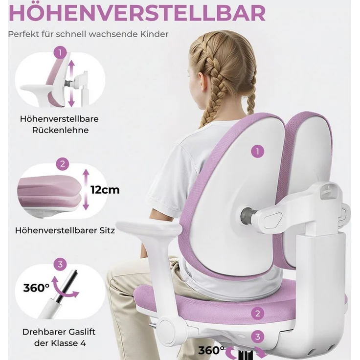 HOKO Kinderstuhl Höhenverstellbarer, mitwachsender Kinder Stuhl (Ergo Study Kid Kinder Schreibtisch Stuhl, Sitz und Rücken separat verstellbar. Ergonomisches Sitzen für Kinder, 1 St) – Bild 2