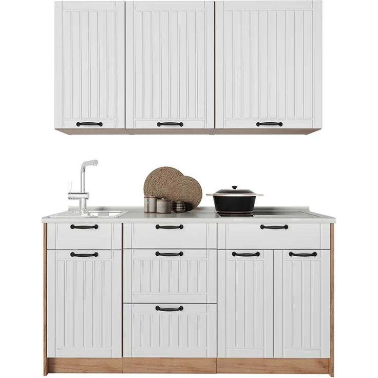 Singleküche Fame-Line Weiß Landhaus/Goldkraft Eiche 150 cm, AP Eiche Vicco – Bild 4