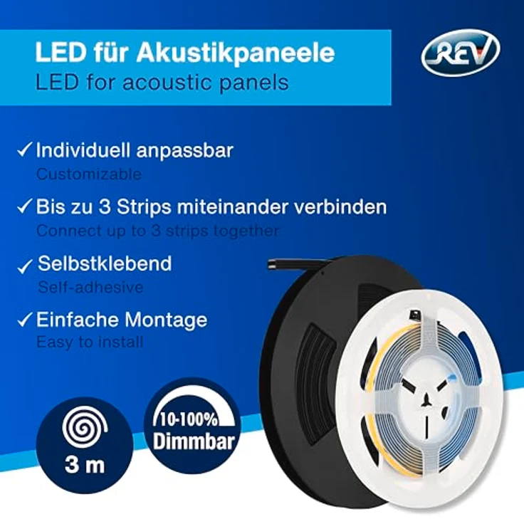 REV LED für Akustikpaneele - 3m, selbstklebend, dimmbar, zuschneidbar, inkl. LED-Profil - unsichtbar in ausgeschalteten Zustand – Bild 3