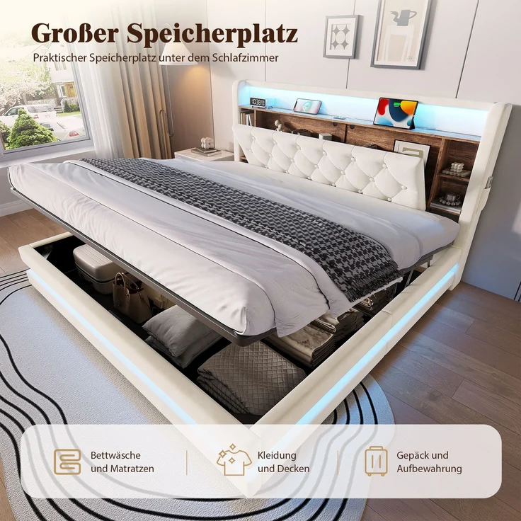 TavilaEcon Boxspringbett Samtbett, Polsterbett mit LED-Beleuchtung & USB-Ladefunktion beige Liegefläche 180 × 200 cm – Bild 4
