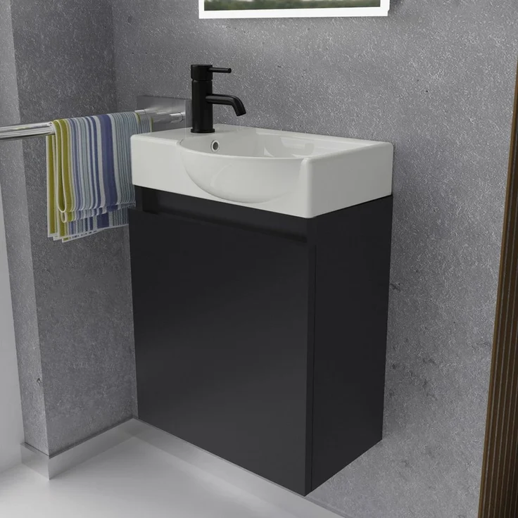 Alpenberger Badmöbel-Set Gäste WC Waschbecken mit Unterschrank - Hängeschrank Vormontiert, (Badschrank 2-tlg, Waschtisch hängend), Waschbeckenunterschrank mit Softclose - Schrank Schwarz – Bild 5
