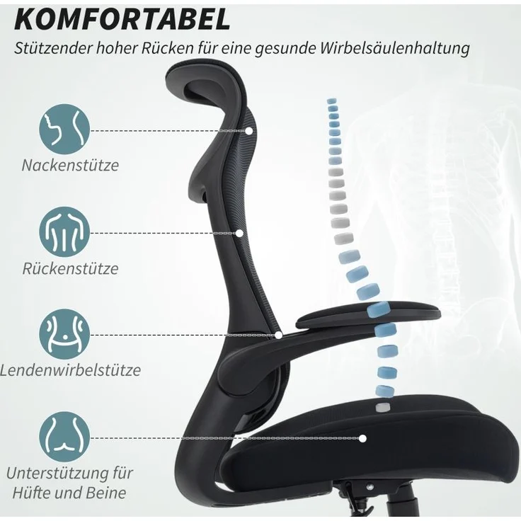 Ergonomischer Bürostuhl schwarz, Netzrücken, 3D-Armlehnen, Kopfstütze, 120 kg – Bild 2
