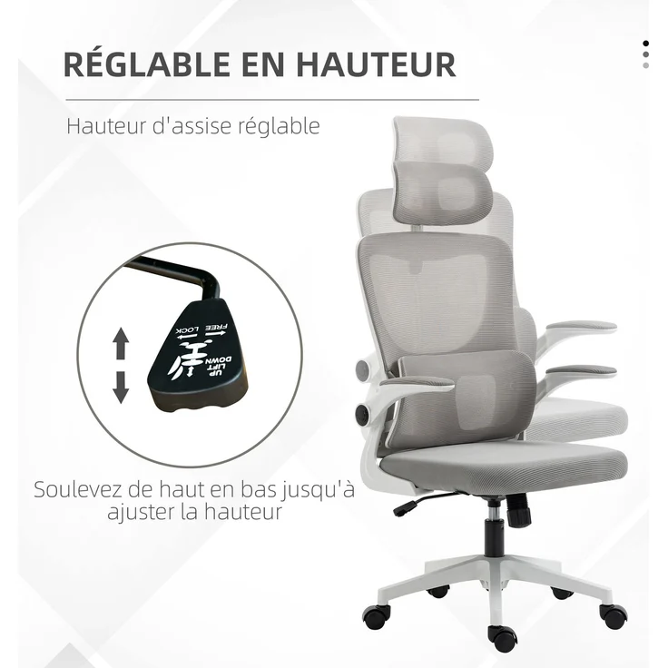 MELAYR, 360°, drehbarer, Bürostuhl, mit, verstellbarer, Kopfstütze, und, Lendenwirbelstütze, –, 58 x 31 x 56 cm, Grau – Bild 6