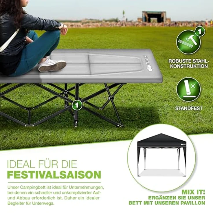 tillvex® Campingbett Grau 210 x 80 x 40 cm klappbar mit Tragetasche bis 280 kg | Campingliege extra breit | Feldbett Karpfenliege für Outdoor & Indoor | Klappbett Gästebett faltbar Garten Camping Angeln Festival Reise – Bild 6