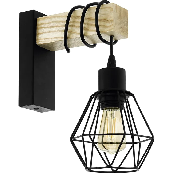 Eglo 43135 Wandleuchte TOWNSHEND 5 Stahl schwarz, Holz braun E27 1X40W L:14cm H:24,5cm T:24cm dimmbar