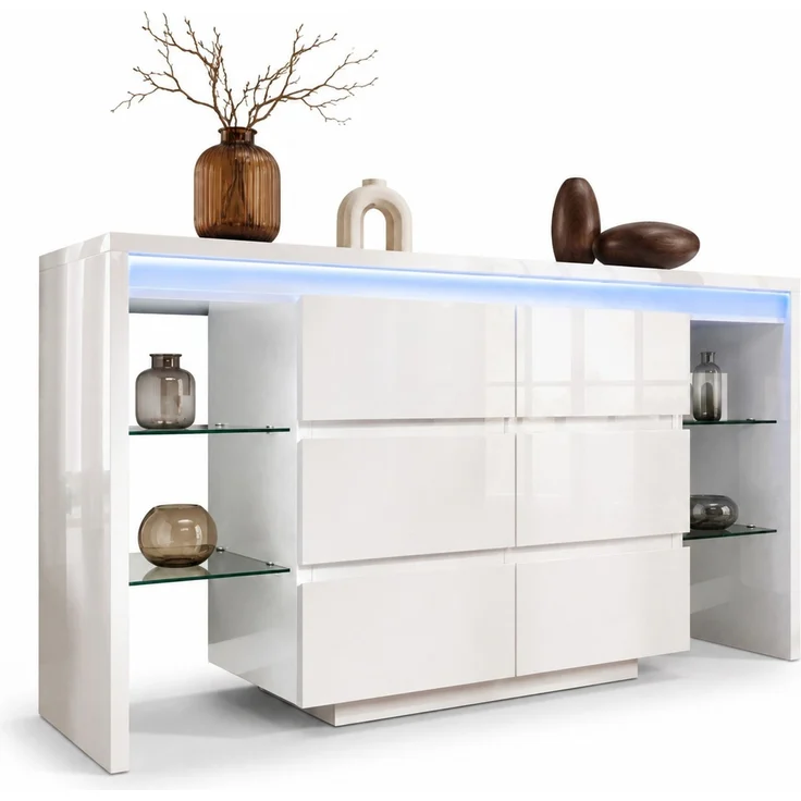 DESVIAE Sideboard Hochglanzweiß aus MDF/Spanplatte/Glas – 155x80x40 cm – 6 Schubladen, LED-Beleuchtung – Bild 7