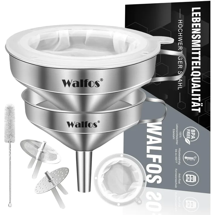 Walfos Trichter Edelstahl 200 Mesh Filter Jam Straining 2 abnehmbaren Sieben