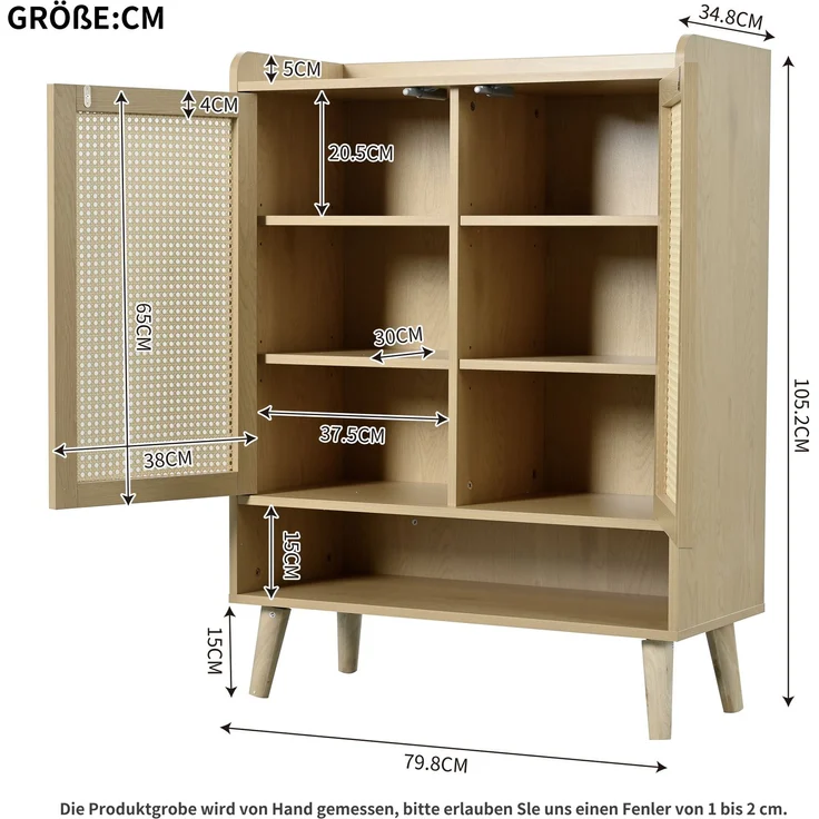 Merax Sideboard aus natürlichem Rattan, Kommode Mit Holzgriffen und Massivholzbeinen. Maße: B80/H105/T35 cm – Bild 5