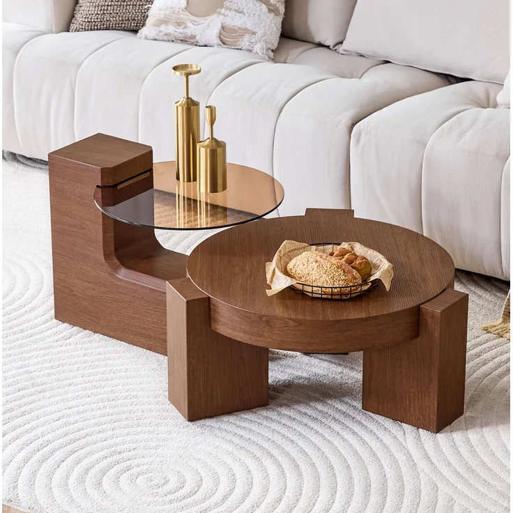 DESVIAE Couchtisch-Set 2-tlg. mit Sicherheitsglas Ø61x30 cm, MDF in Nussbaumoptik, braun