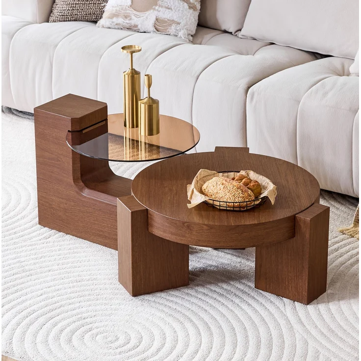 DESVIAE Couchtisch-Set 2-tlg. mit Sicherheitsglas Ø61x30 cm, MDF in Nussbaumoptik, braun – Bild 1