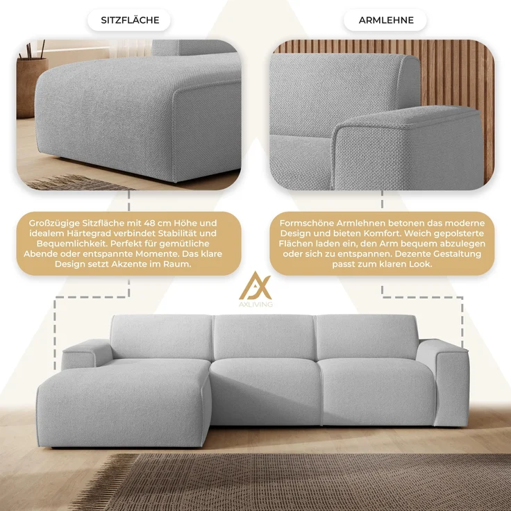 AX LIVING Couch Sofa L Form Didim mini Hellgrau 310 cm breit, stilvoll L – Bild 6