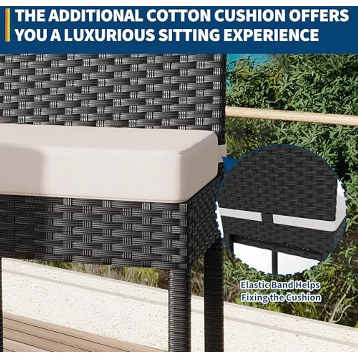 GarveeHome 2er Set Rattan-Hochstühle Mit Metallrahmen, Gepolsterte Outdoor-Barhocker Mit Rückenlehne Und Fußstütze, Wetterfester Stuhl, Für Terrasse Und Strand, 40,6 x 45 x 103,4 cm – Bild 5