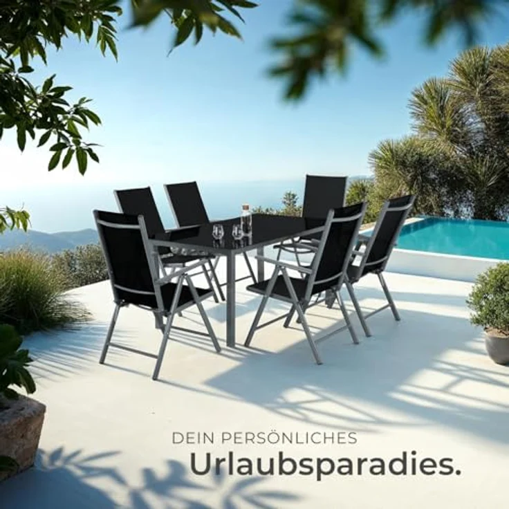 tectake® Sitzgarnitur Aluminium Klappstühle, Lounge Set mit 6X Stühle und 1x Glastisch Esstisch, Gartenmöbel Set wetterfest für den Balkon, Gartenstühle, Terrassenmöbel, Liegestuhl - anthrazit – Bild 9