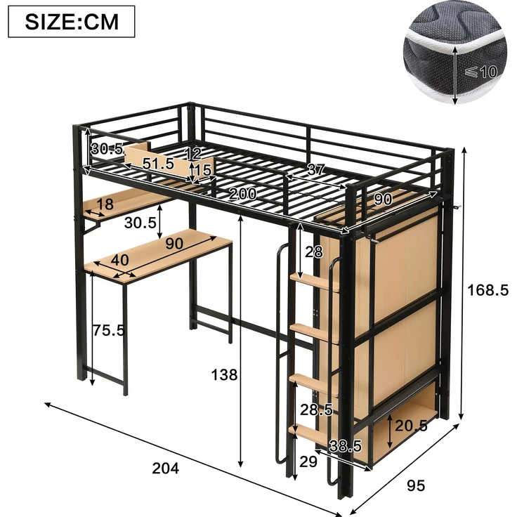 Eisenbett, Hochbett Doppeltür-Kleiderschrank Treppe mit Handläufen Schreibtisch und Aufbewahrungsregal oberes Bett mit Ablagefächern, Eisen+MDF, Schwarz+Natur, 90x200cm – Bild 2