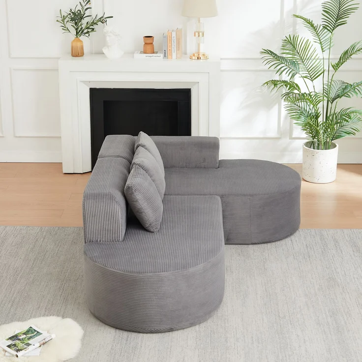 Ecksofa mit großzügiger Sitzfläche, grauer Cordbezug und geschwungenem Chaiselongue-Design,70x220x155 cm – Bild 3