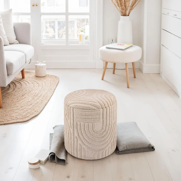 Dekohocker Stauraum Baumwolle Ø40×45cm abnehmbarer Deckel Beige Boho Design – Bild 2