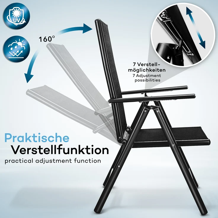 tillvex Gartenstuhl Anthrazit klappbar aus Aluminium | Hochlehner mit Armlehnen | Klappstuhl verstellbar | Klappsessel Balkon Garten Terrasse – Bild 2