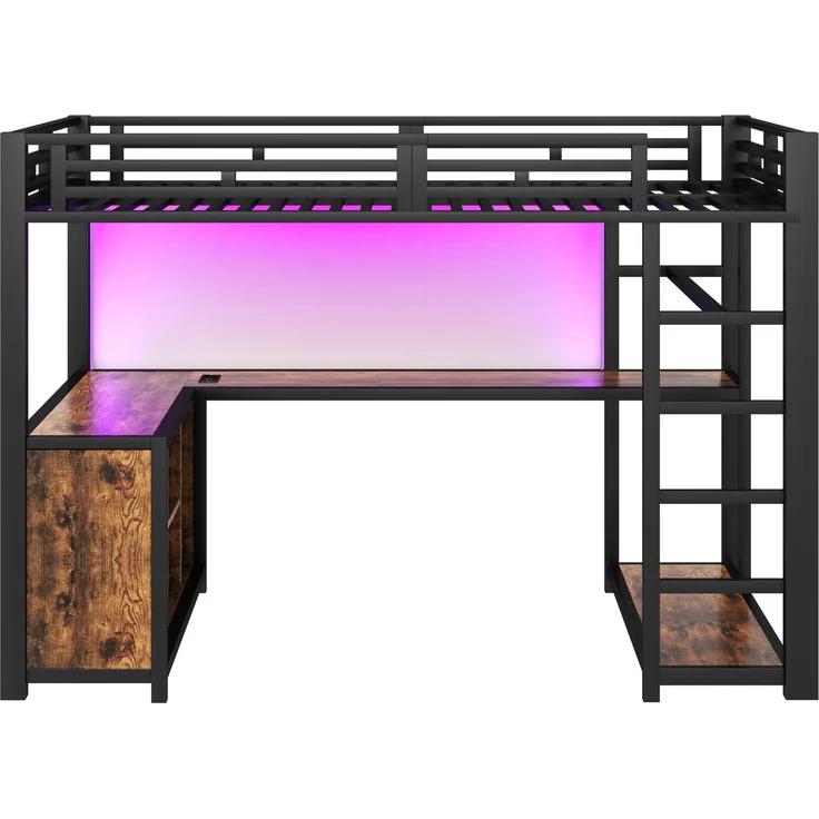 U-life Metall-Hochbett, Etagenbett, Loftbett, 140x200 cm, für Schlafzimmer, Jugendzimmer, kleine Wohnungen, mit integriertem Arbeitsbereich, LED-Beleuchtung, USB-Anschlüssen, viel Stauraum, offenem Kleiderschrank, sicherer Treppe, MDF + Metall, modern,... – Bild 5