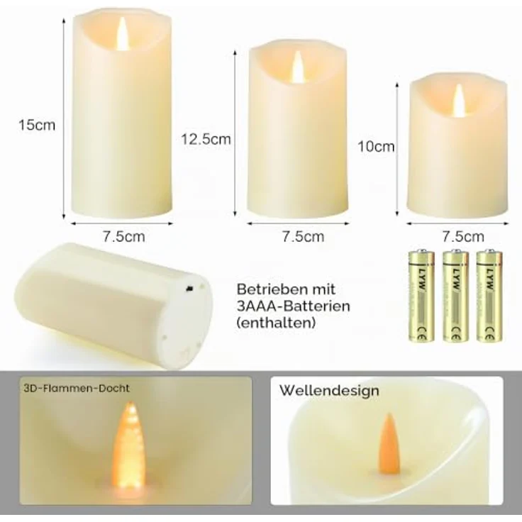 EXTSUD LED Kerzen LED Flackernde Flammenlose Kerze bewegte Flamme Kerzen mit Fernbedienung 3er Kerzen mit 24 Stunden Timerfunktion Battery Candle Moving Flame Schlafzimmer Valentinstag Deko – Bild 6