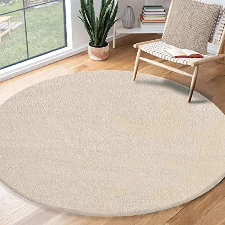 the carpet Relax Moderner Flauschiger Kurzflor Teppich, Anti-Rutsch Unterseite, Waschbar bis 30 Grad, Super Soft, Felloptik, Beige, 120x120 cm Rund – Bild 2