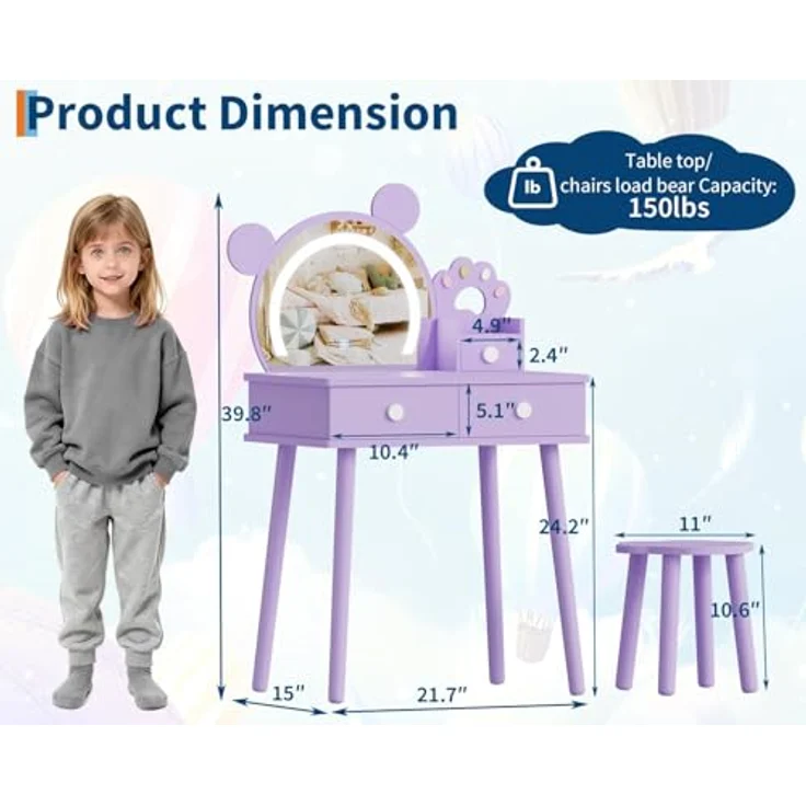 GarveeLife Schminktisch für Kinder, Mädchen, mit Spiegel & LED-Licht in 3 Farben mit 2 Schubladen, für Kinder von 3 – 8 Jahren, 55 x 38 x 101 cm – Bild 9