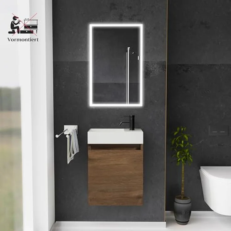 Alpenberger Badmöbel-Set Gäste WC Waschbecken mit Unterschrank - Badschrank Hängend, (2-tlg. Waschtisch Set Eiche, Waschbeckenunterschrank mit Softclose), Waschplätze für Kleine Bäder - Badschrank Hängend und Vormontiert – Bild 3