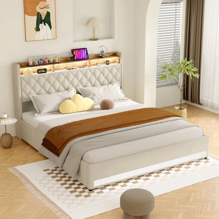 Polsterbett aus Samt mit hochelastischer Polsterung & Lattenrost, ohne Matratze, 180x200 cm, Beige – Bild 9