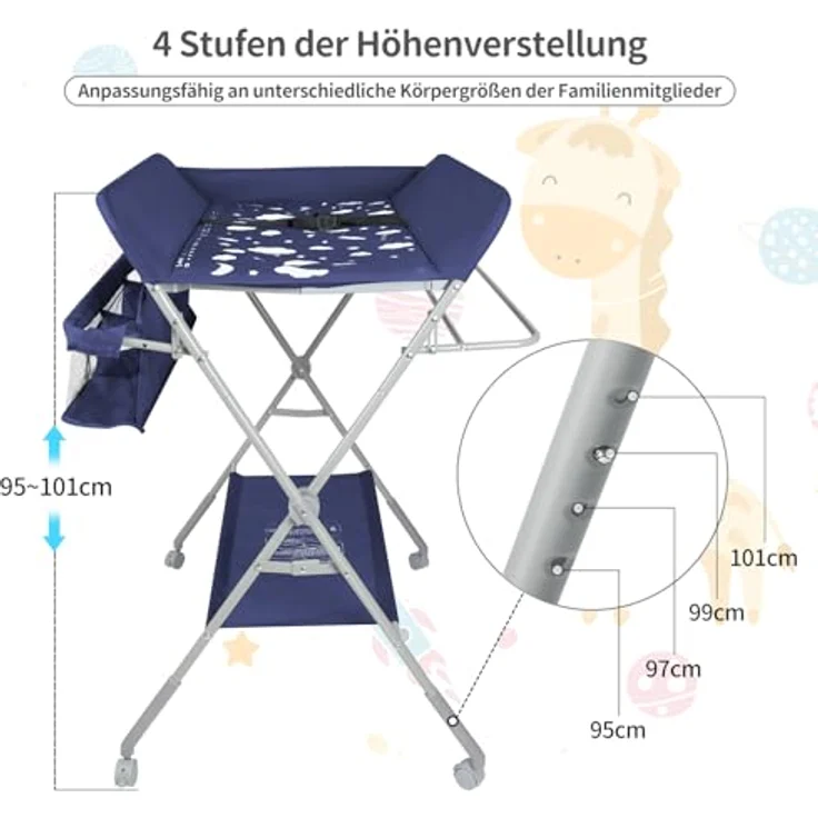 Baby Klappbarer Wickeltisch，Mobiler Wickeltisch mit Rollen und Wickelauflage,Wasserdicht und Höhenverstellbar，Baby Wickelkombi mit Ablagefächern-80 * 58 * 90 cm-Marineblau – Bild 8