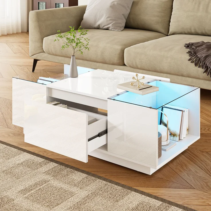 LED-Couchtisch 105×50×35 cm Weiß Hochglanz Tisch mit Glasplatten, LED-Beleuchtung steuerbar via Bluetooth und App – Bild 6